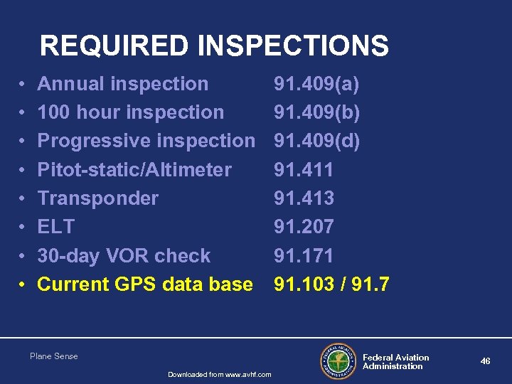 REQUIRED INSPECTIONS • • Annual inspection 100 hour inspection Progressive inspection Pitot-static/Altimeter Transponder ELT