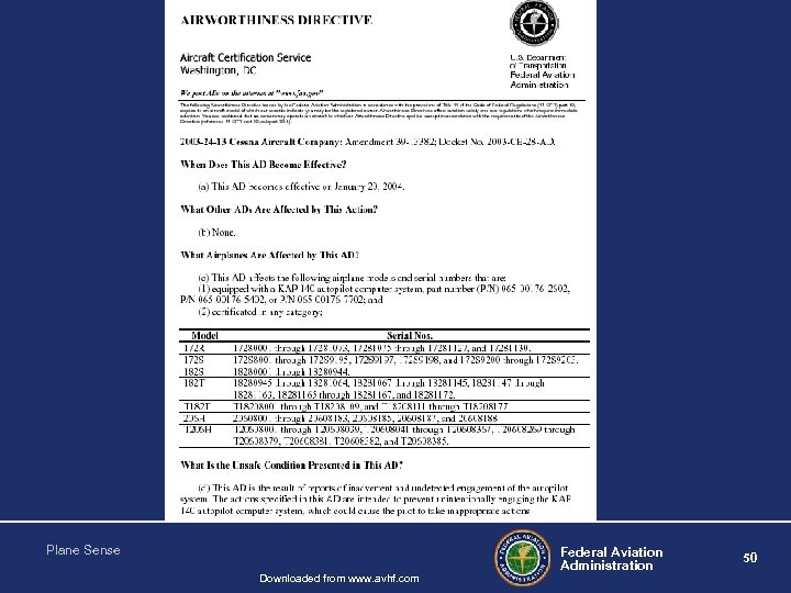 AIRWORTHINESS DIRECTIVES Plane Sense Downloaded from www. avhf. com Federal Aviation Administration 50 