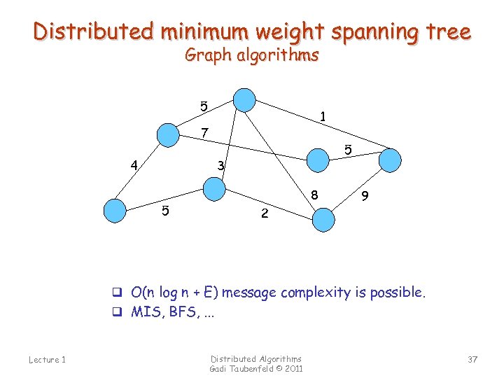 Distributed minimum weight spanning tree Graph algorithms 5 1 7 4 5 3 8