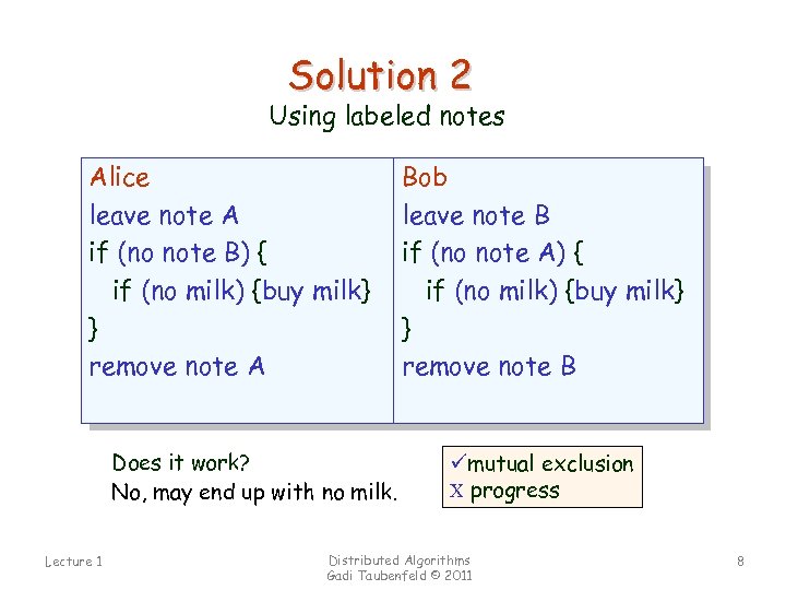Solution 2 Using labeled notes Alice leave note A if (no note B) {
