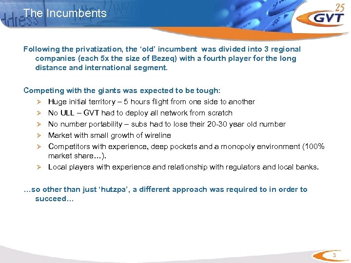 The Incumbents Following the privatization, the ‘old’ incumbent was divided into 3 regional companies