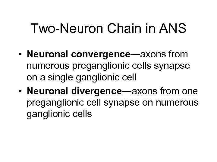 Two-Neuron Chain in ANS • Neuronal convergence—axons from numerous preganglionic cells synapse on a