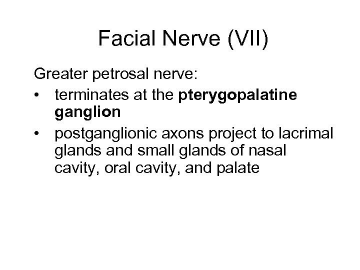 Facial Nerve (VII) Greater petrosal nerve: • terminates at the pterygopalatine ganglion • postganglionic