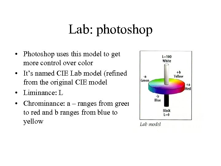 Lab: photoshop • Photoshop uses this model to get more control over color •