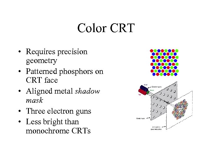 Color CRT • Requires precision geometry • Patterned phosphors on CRT face • Aligned