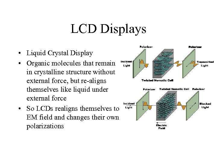 LCD Displays • Liquid Crystal Display • Organic molecules that remain in crystalline structure