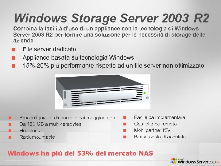 Windows Storage Server 2003 R 2 Combina la facilità d’uso di un appliance con