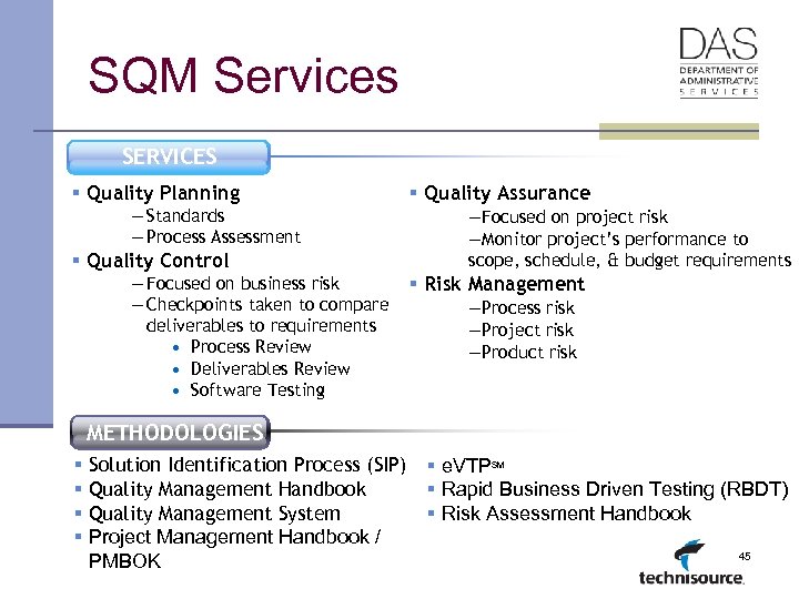 SQM Services SERVICES § Quality Planning — Standards — Process Assessment § Quality Control