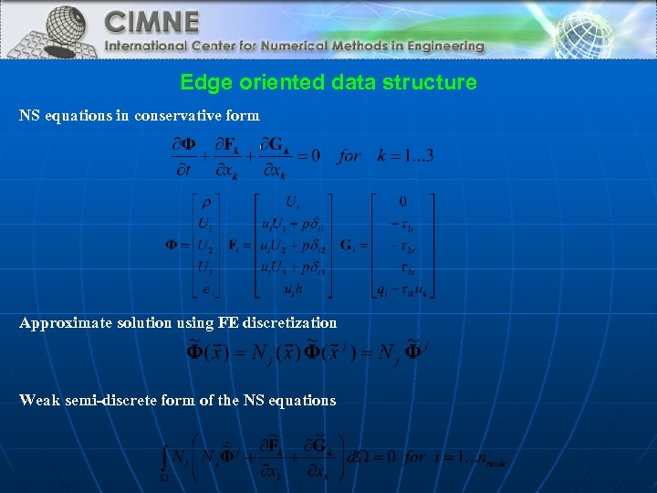 Edge oriented data structure NS equations in conservative form Approximate solution using FE discretization