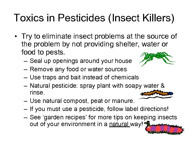 Toxics in Pesticides (Insect Killers) • Try to eliminate insect problems at the source