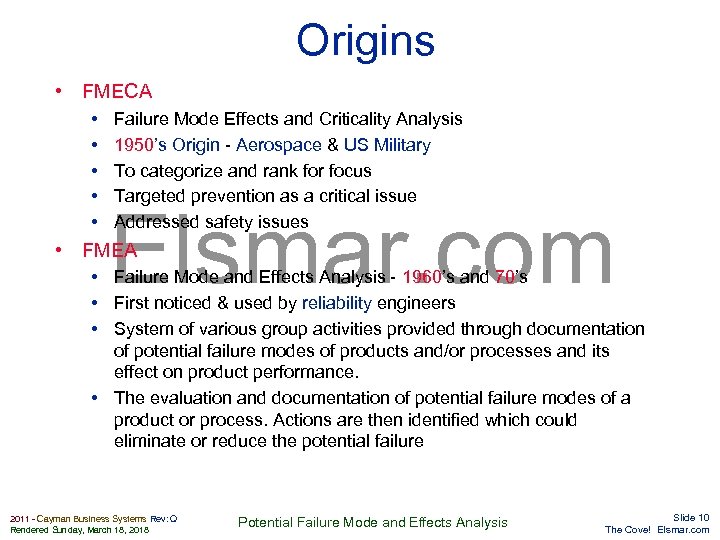 Origins • FMECA • • • Failure Mode Effects and Criticality Analysis 1950’s Origin