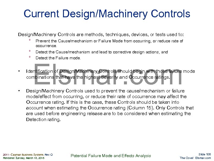 Current Design/Machinery Controls are methods, techniques, devices, or tests used to: ° ° °