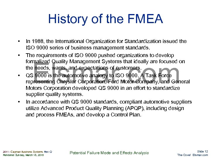 History of the FMEA • • In 1988, the International Organization for Standardization issued