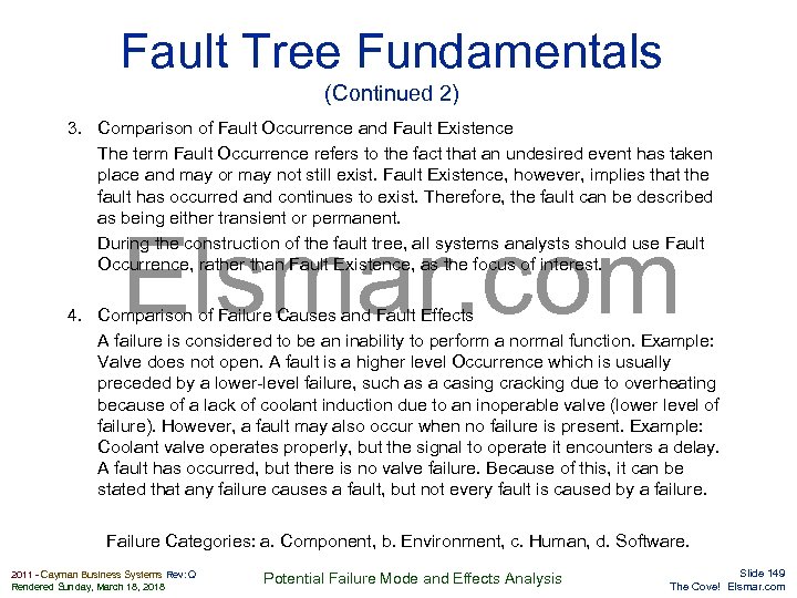 Fault Tree Fundamentals (Continued 2) 3. Comparison of Fault Occurrence and Fault Existence The