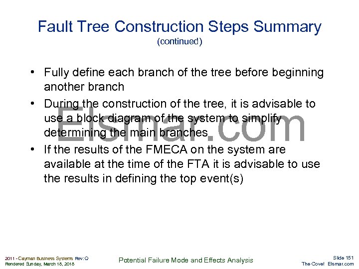 Fault Tree Construction Steps Summary (continued) • Fully define each branch of the tree