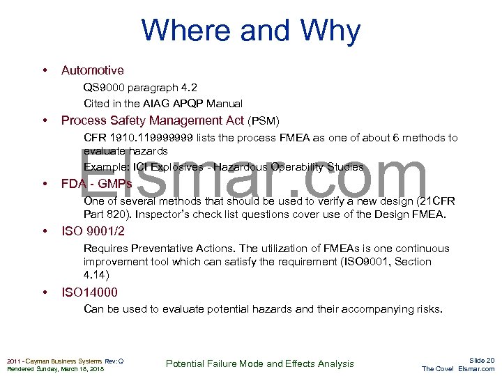 Where and Why • Automotive QS 9000 paragraph 4. 2 Cited in the AIAG
