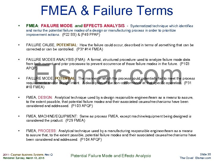 FMEA & Failure Terms • FMEA: FAILURE MODE and EFFECTS ANALYSIS - Systematized technique