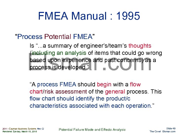 FMEA Manual : 1995 “Process Potential FMEA” Is “. . . a summary of