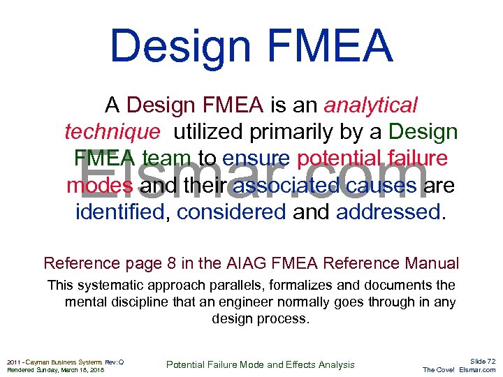 Design FMEA A Design FMEA is an analytical technique utilized primarily by a Design