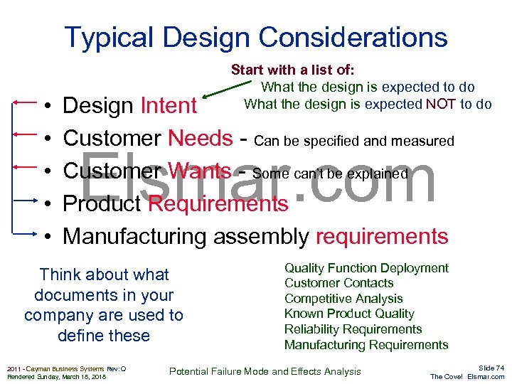 Typical Design Considerations • • • Start with a list of: What the design