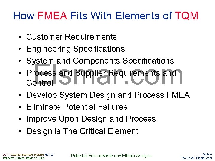 How FMEA Fits With Elements of TQM • • Customer Requirements Engineering Specifications System
