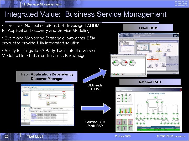 IT Service Management Integrated Value: Business Service Management • Tivoli and Netcool solutions both