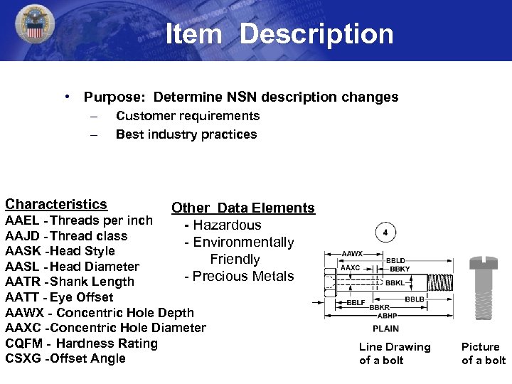 Item Description • Purpose: Determine NSN description changes – – Characteristics Customer requirements Best