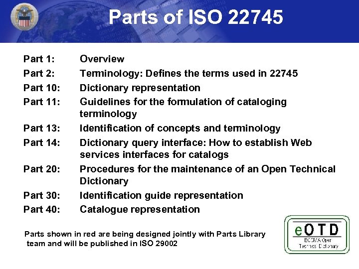 Parts of ISO 22745 Part 1: Part 2: Part 10: Part 11: Part 13: