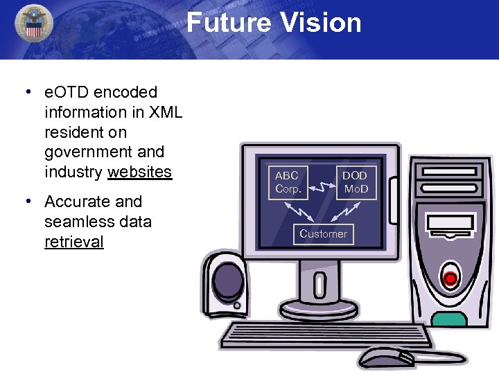 Future Vision • e. OTD encoded information in XML resident on government and industry