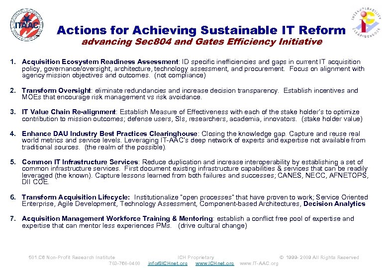 ™ Actions for Achieving Sustainable IT Reform advancing Sec 804 and Gates Efficiency Initiative