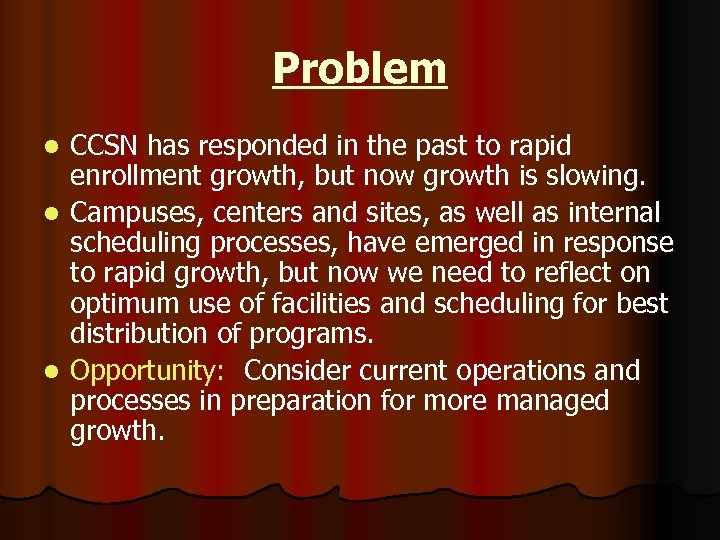 Problem CCSN has responded in the past to rapid enrollment growth, but now growth