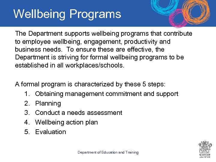 Wellbeing Programs The Department supports wellbeing programs that contribute to employee wellbeing, engagement, productivity