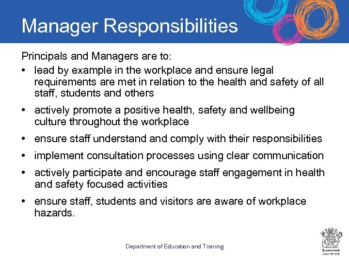 Manager Responsibilities Principals and Managers are to: • lead by example in the workplace