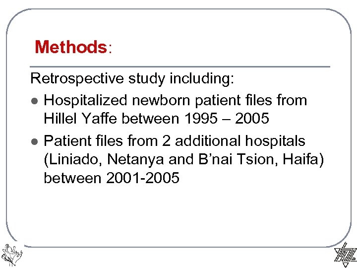 Methods: Retrospective study including: l Hospitalized newborn patient files from Hillel Yaffe between 1995