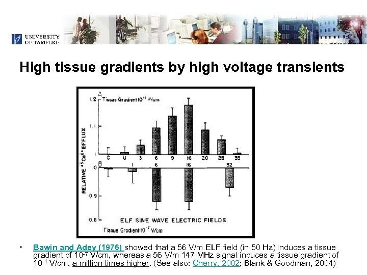 High tissue gradients by high voltage transients • Bawin and Adey (1976) showed that