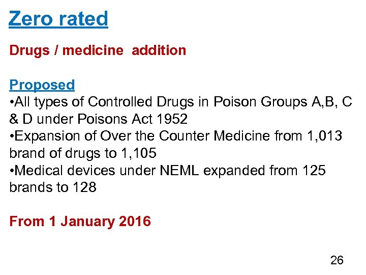 Zero rated Drugs / medicine addition Proposed • All types of Controlled Drugs in