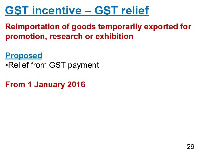 GST incentive – GST relief Reimportation of goods temporarily exported for promotion, research or