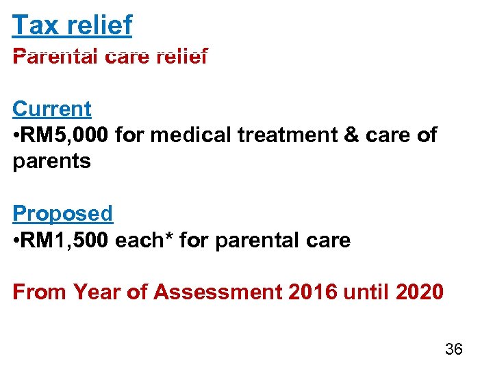 Tax relief Parental care relief Current • RM 5, 000 for medical treatment &