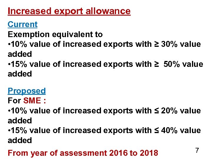 Increased export allowance Current Exemption equivalent to • 10% value of increased exports with