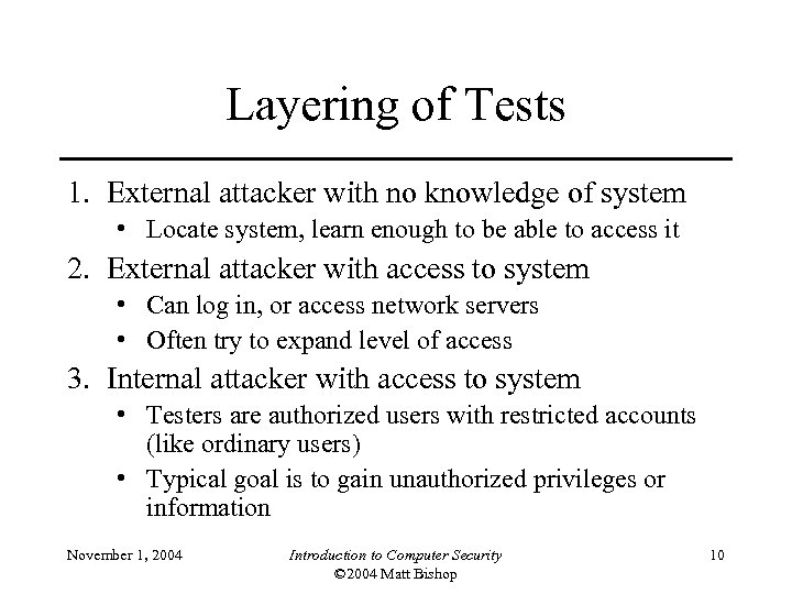 Layering of Tests 1. External attacker with no knowledge of system • Locate system,