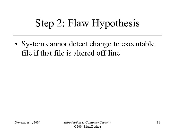 Step 2: Flaw Hypothesis • System cannot detect change to executable file if that