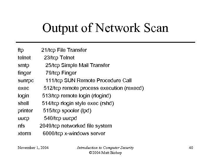 Output of Network Scan ftp telnet smtp finger sunrpc exec login shell printer uucp