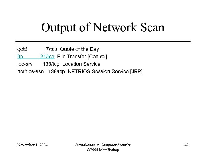 Output of Network Scan qotd 17/tcp Quote of the Day ftp 21/tcp File Transfer