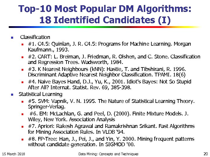 Top-10 Most Popular DM Algorithms: 18 Identified Candidates (I) n n Classification n #1.