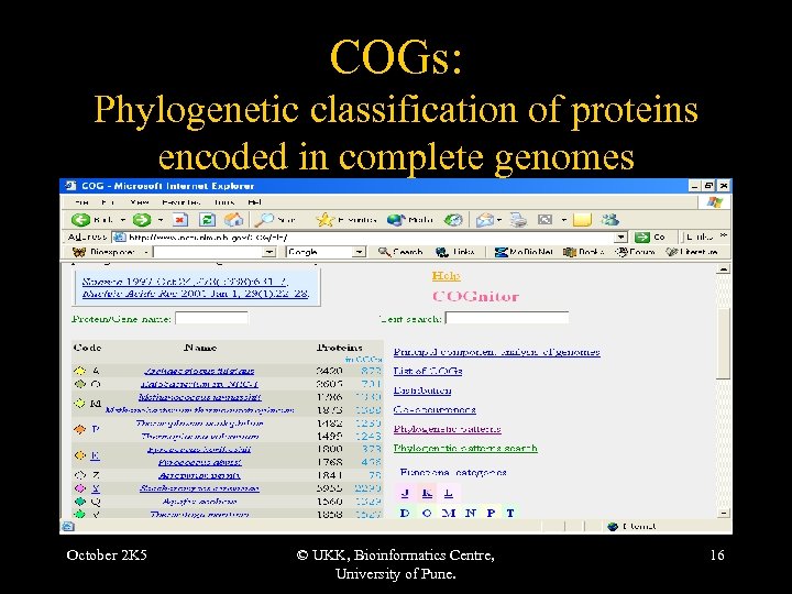 COGs: Phylogenetic classification of proteins encoded in complete genomes October 2 K 5 ©