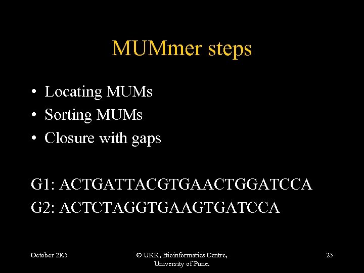 MUMmer steps • Locating MUMs • Sorting MUMs • Closure with gaps G 1: