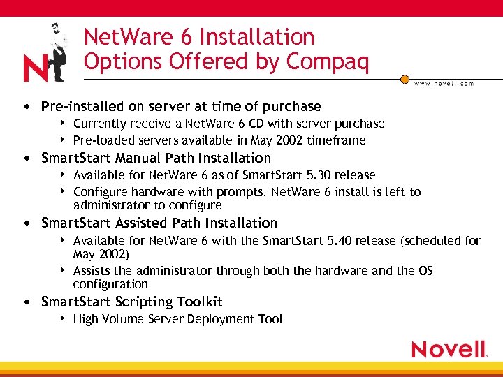 Net. Ware 6 Installation Options Offered by Compaq • Pre-installed on server at time