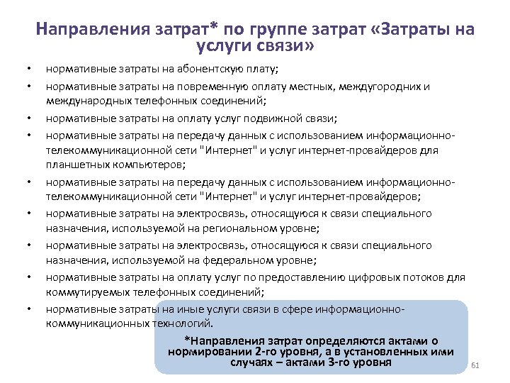 Направления затрат* по группе затрат «Затраты на услуги связи» • • • нормативные затраты