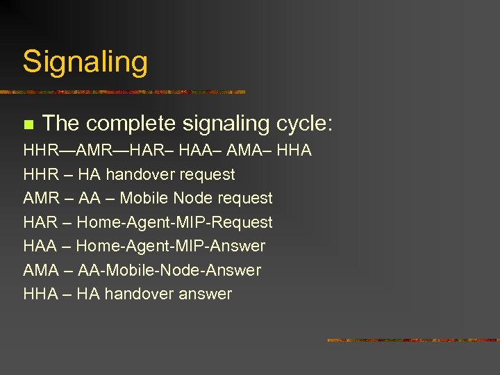 Signaling n The complete signaling cycle: HHR—AMR—HAR– HAA– AMA– HHA HHR – HA handover
