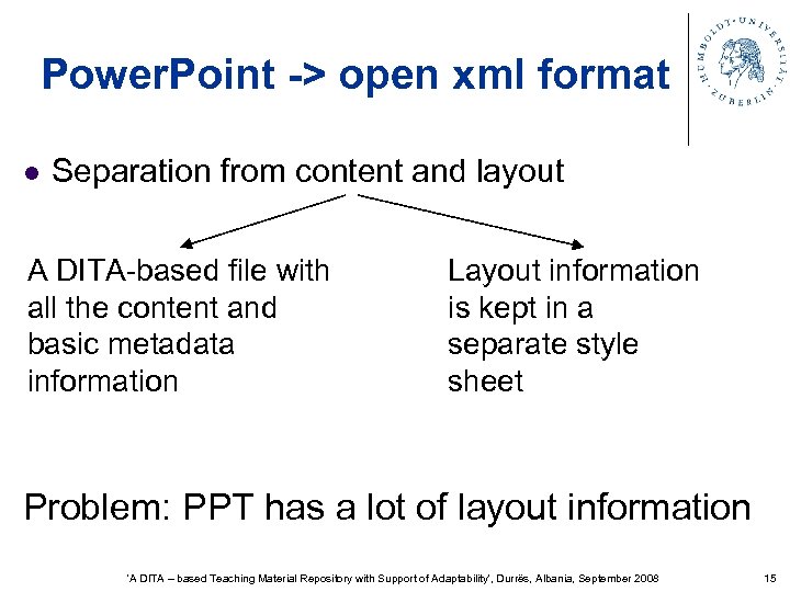 Power. Point -> open xml format l Separation from content and layout A DITA-based